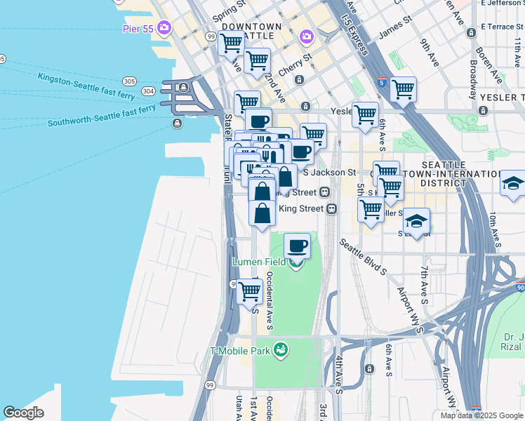 map of restaurants, bars, coffee shops, grocery stores, and more near 526 1st Avenue South in Seattle