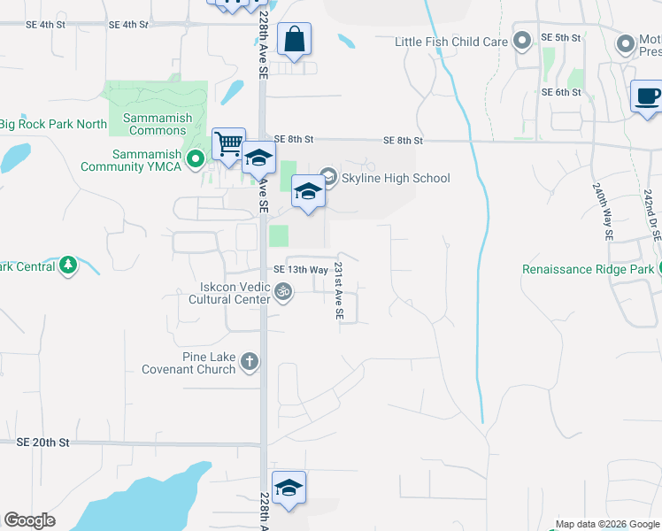 map of restaurants, bars, coffee shops, grocery stores, and more near 23006 Southeast 13th Place in Sammamish