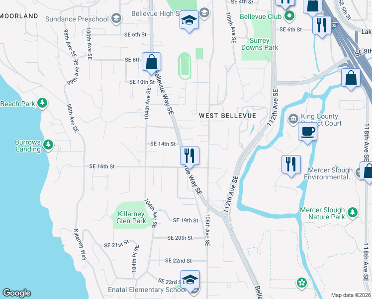 map of restaurants, bars, coffee shops, grocery stores, and more near 1400 Bellevue Way Southeast in Bellevue