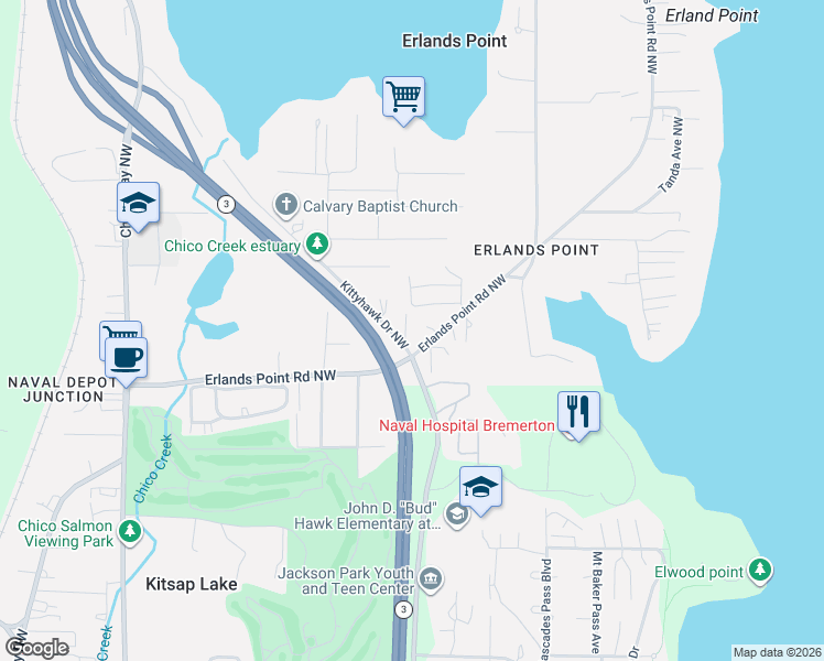 map of restaurants, bars, coffee shops, grocery stores, and more near 3620 Kittyhawk Drive Northwest in Bremerton