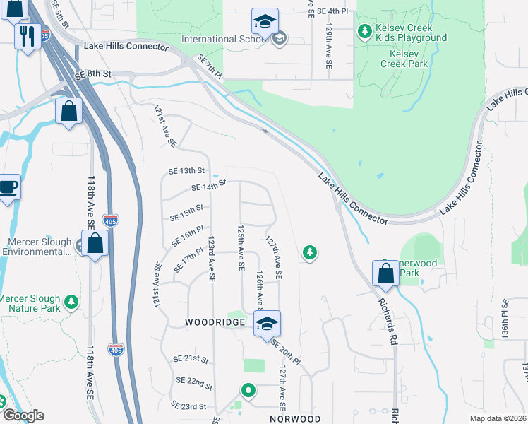 map of restaurants, bars, coffee shops, grocery stores, and more near 12535 Southeast 15th Street in Bellevue