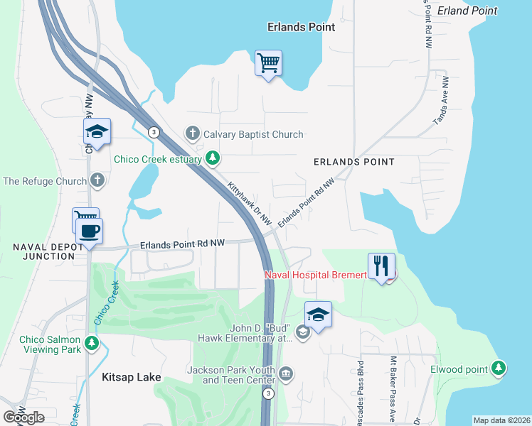 map of restaurants, bars, coffee shops, grocery stores, and more near 3620 Kittyhawk Drive Northwest in Bremerton