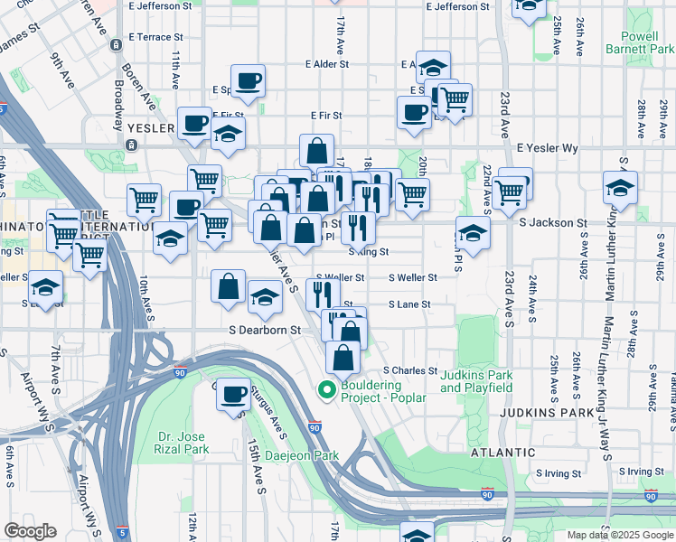 map of restaurants, bars, coffee shops, grocery stores, and more near 1635 South King Street in Seattle