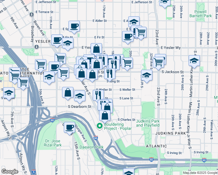 map of restaurants, bars, coffee shops, grocery stores, and more near 1646 South Weller Street in Seattle