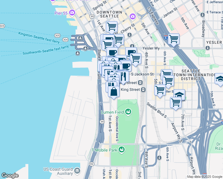 map of restaurants, bars, coffee shops, grocery stores, and more near 512 1st Avenue South in Seattle