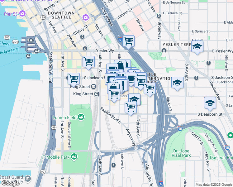 map of restaurants, bars, coffee shops, grocery stores, and more near 519 6th Avenue South in Seattle