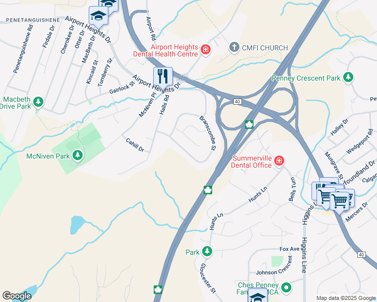 map of restaurants, bars, coffee shops, grocery stores, and more near 31 Branscombe Street in St. John's