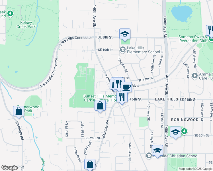 map of restaurants, bars, coffee shops, grocery stores, and more near 1349 145th Place Southeast in Bellevue