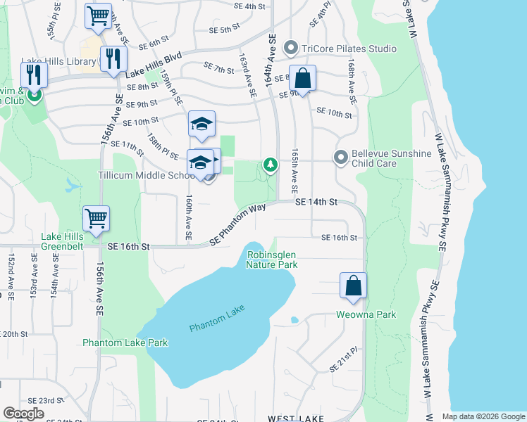 map of restaurants, bars, coffee shops, grocery stores, and more near 16305 Southeast Phantom Way in Bellevue