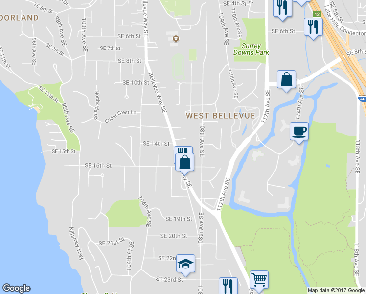 map of restaurants, bars, coffee shops, grocery stores, and more near 1400 Bellevue Way Southeast in Bellevue
