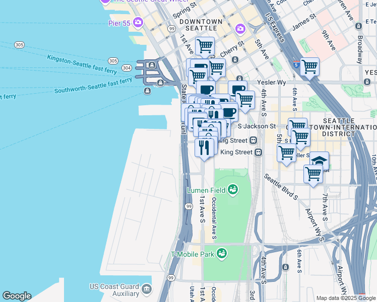 map of restaurants, bars, coffee shops, grocery stores, and more near 119 Alaskan Way Viaduct in Seattle