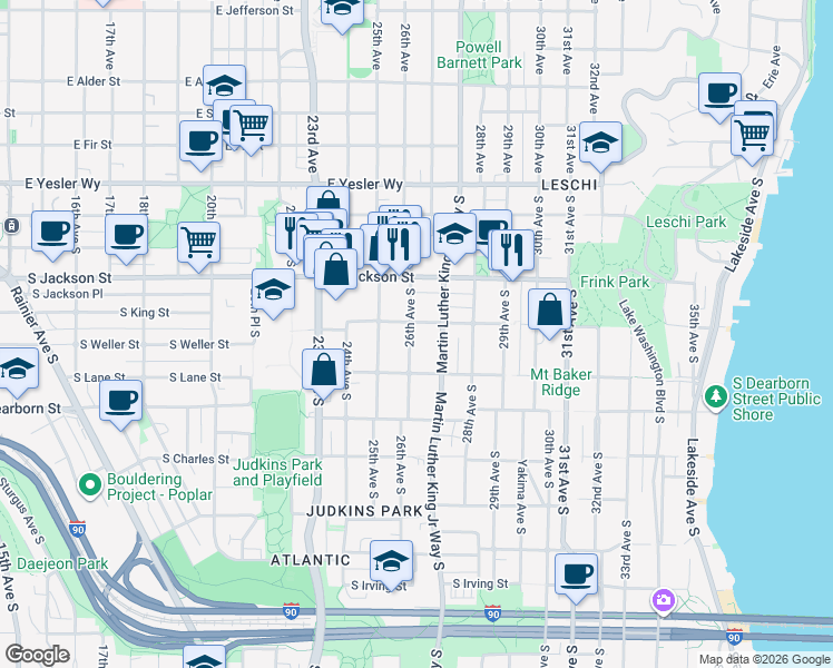 map of restaurants, bars, coffee shops, grocery stores, and more near 2615 South King Street in Seattle