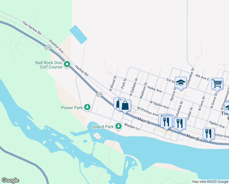 map of restaurants, bars, coffee shops, grocery stores, and more near 1012 Preston Avenue in Thompson Falls