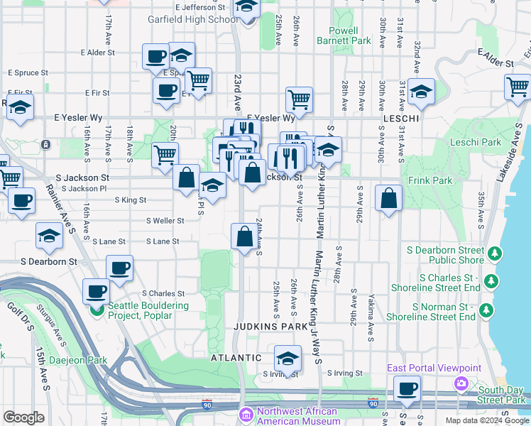 map of restaurants, bars, coffee shops, grocery stores, and more near 504 24th Avenue South in Seattle