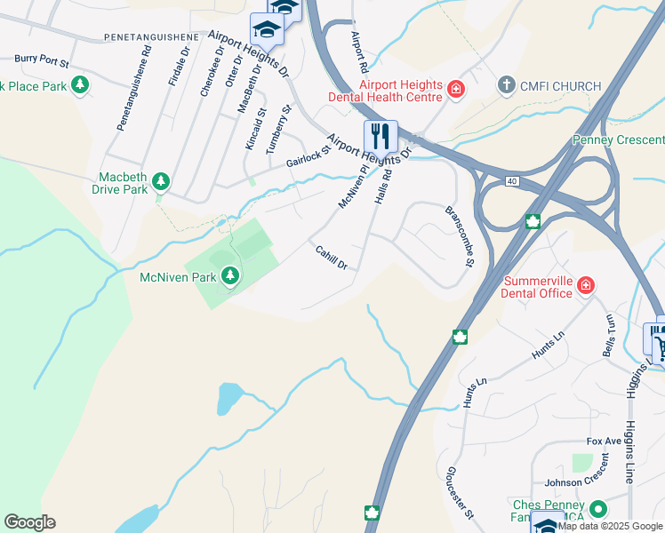 map of restaurants, bars, coffee shops, grocery stores, and more near 11 Cahill Drive in St. John's