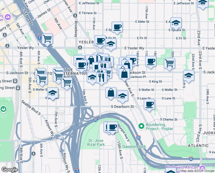 map of restaurants, bars, coffee shops, grocery stores, and more near 1222 South Weller Street in Seattle