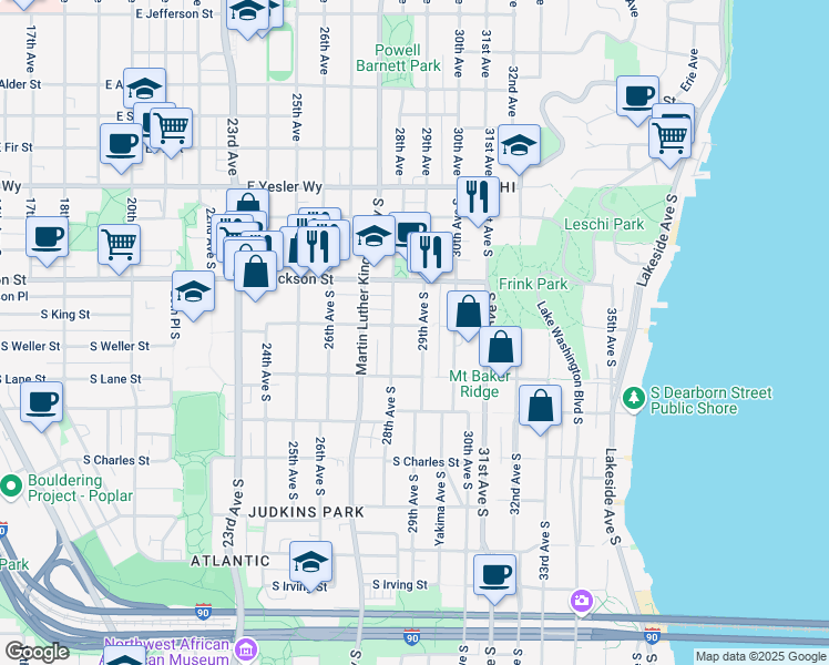 map of restaurants, bars, coffee shops, grocery stores, and more near 501 29th Avenue South in Seattle