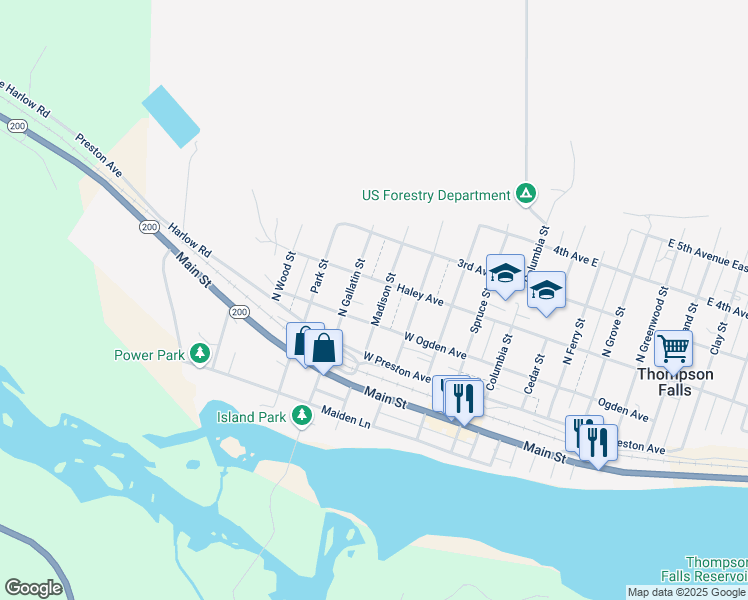 map of restaurants, bars, coffee shops, grocery stores, and more near 221 N Madison St in Thompson Falls