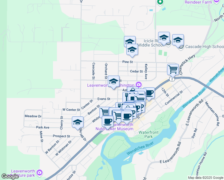 map of restaurants, bars, coffee shops, grocery stores, and more near 225 Central Avenue in Leavenworth