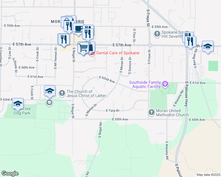 map of restaurants, bars, coffee shops, grocery stores, and more near 6212 South Moran Drive in Spokane