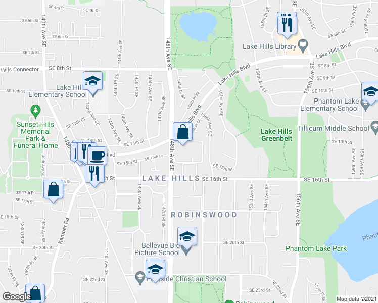 map of restaurants, bars, coffee shops, grocery stores, and more near 1424 148th Avenue Southeast in Bellevue