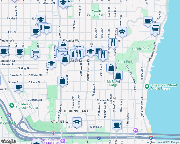 map of restaurants, bars, coffee shops, grocery stores, and more near 2733 South King Street in Seattle