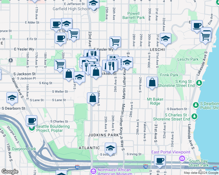 map of restaurants, bars, coffee shops, grocery stores, and more near 500 25th Avenue South in Seattle