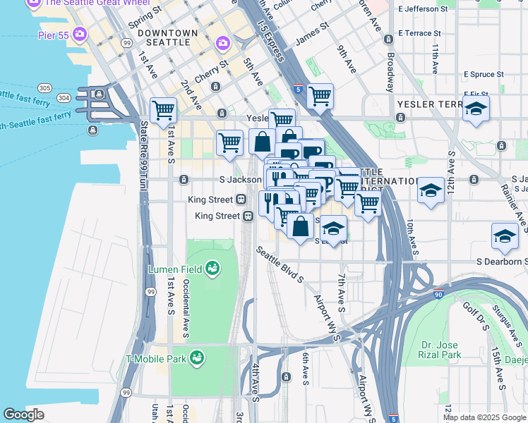 map of restaurants, bars, coffee shops, grocery stores, and more near 604 5th Avenue South in Seattle
