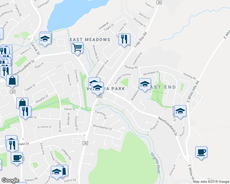 map of restaurants, bars, coffee shops, grocery stores, and more near 296 Newfoundland Drive in St. John's
