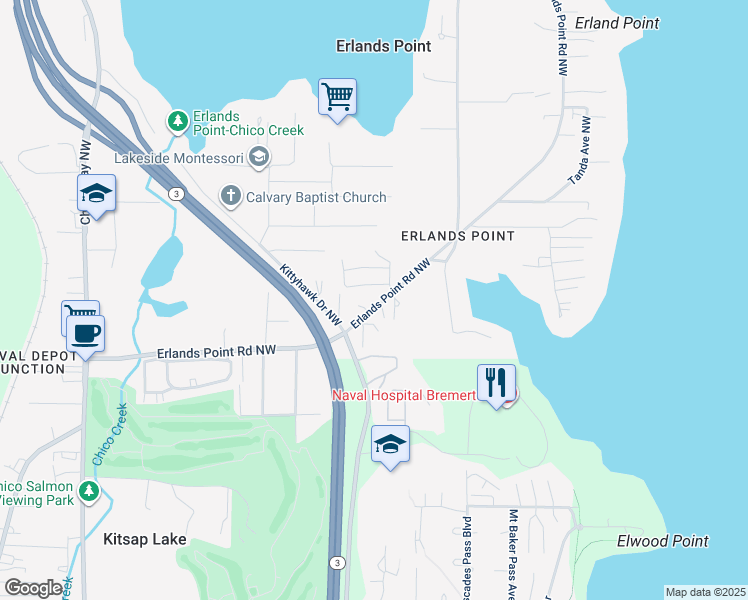 map of restaurants, bars, coffee shops, grocery stores, and more near 2820 Erlands Point Road Northwest in Bremerton