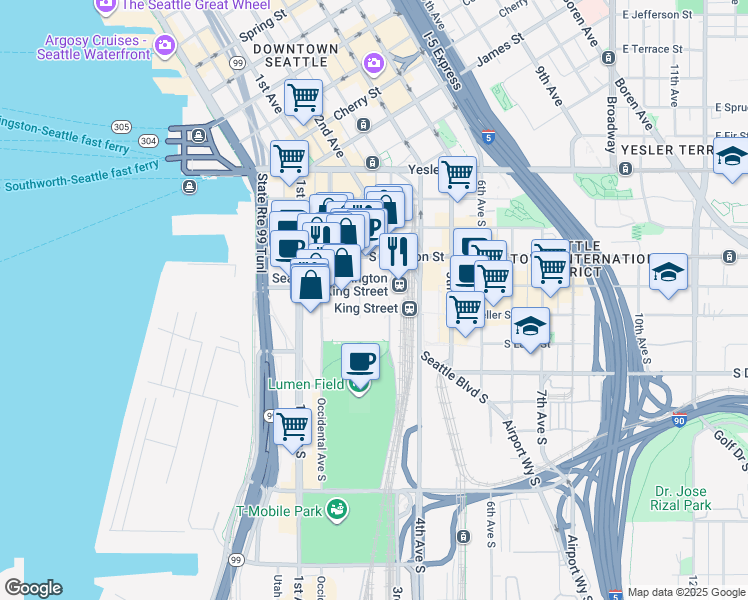 map of restaurants, bars, coffee shops, grocery stores, and more near 255 South King Street in Seattle