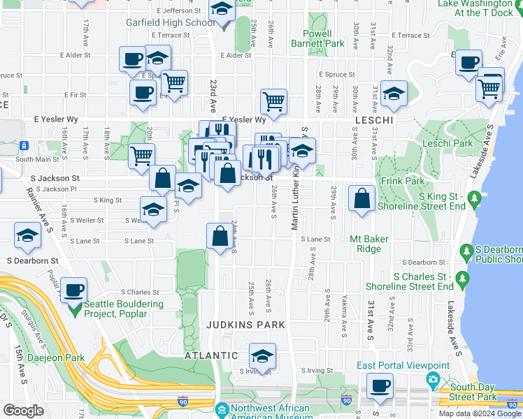 map of restaurants, bars, coffee shops, grocery stores, and more near 500 25th Avenue South in Seattle