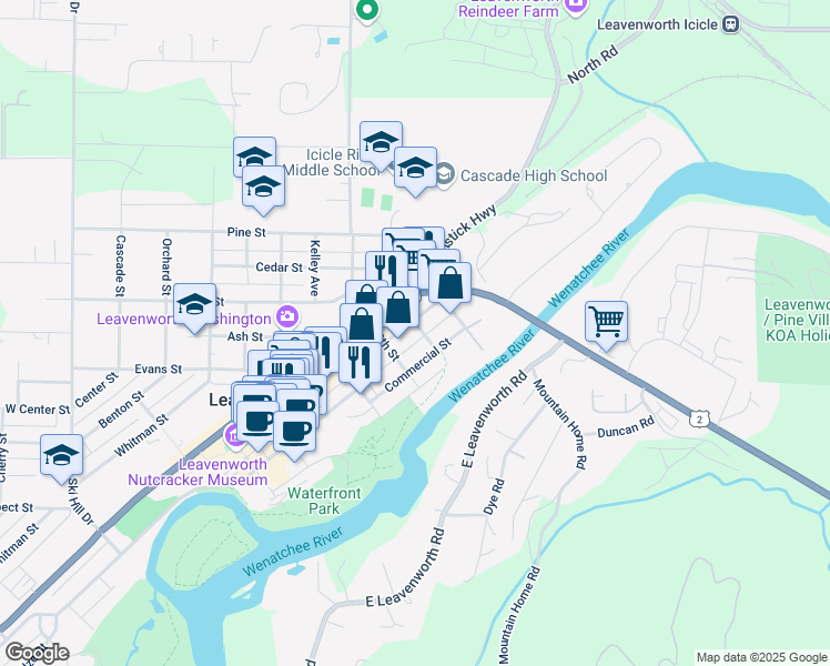 map of restaurants, bars, coffee shops, grocery stores, and more near 1227 Front Street in Leavenworth