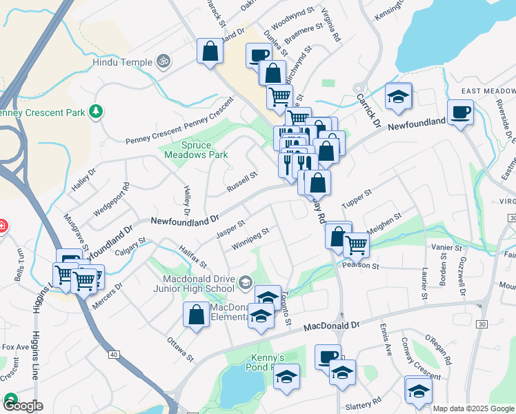 map of restaurants, bars, coffee shops, grocery stores, and more near 39 Jasper Street in St. John's