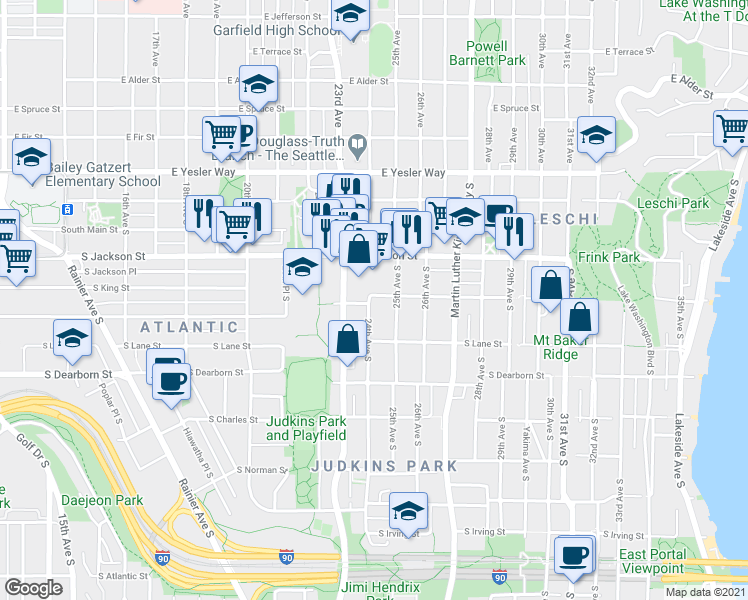 map of restaurants, bars, coffee shops, grocery stores, and more near 502 24th Avenue South in Seattle