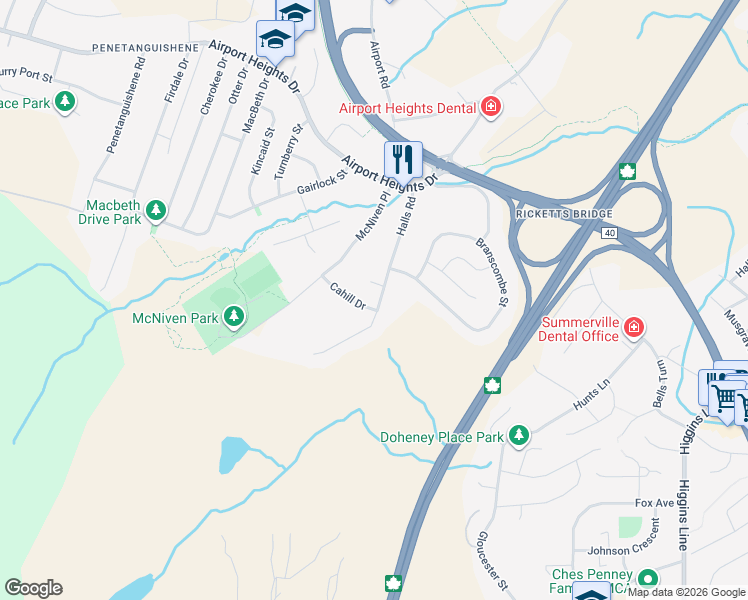 map of restaurants, bars, coffee shops, grocery stores, and more near 54 Halls Road in St. John's