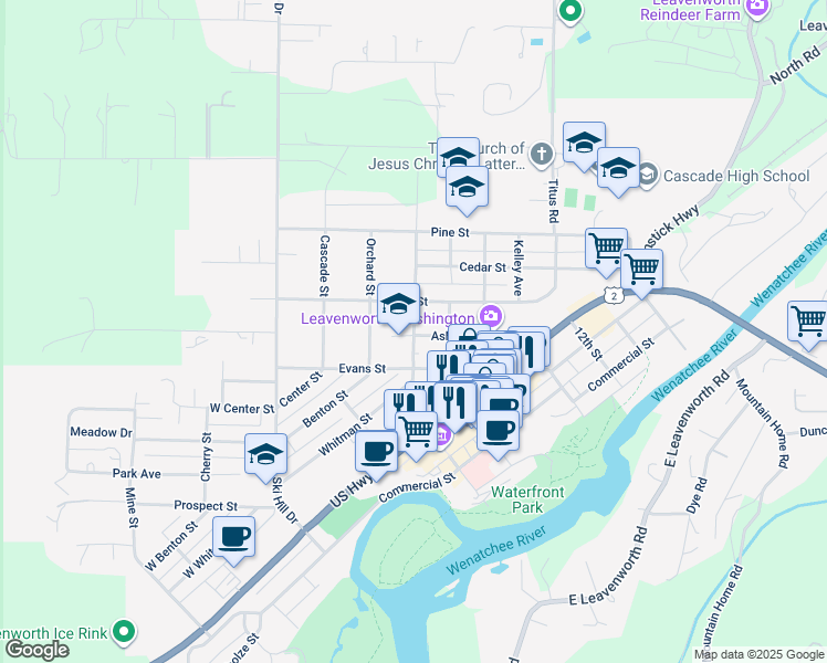 map of restaurants, bars, coffee shops, grocery stores, and more near 408 Ash Street in Leavenworth