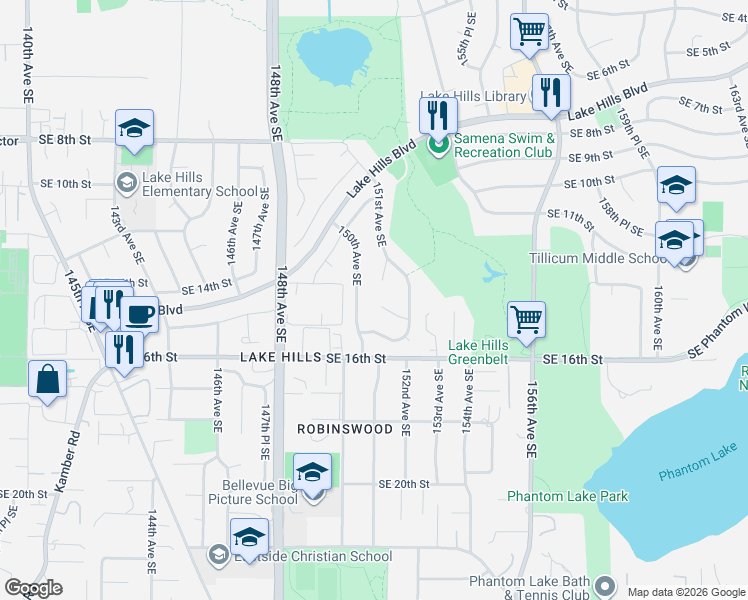 map of restaurants, bars, coffee shops, grocery stores, and more near 1404 150th Avenue Southeast in Bellevue