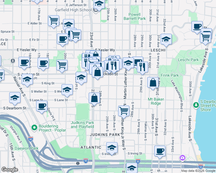 map of restaurants, bars, coffee shops, grocery stores, and more near 500 25th Avenue South in Seattle
