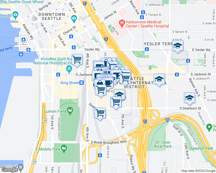 map of restaurants, bars, coffee shops, grocery stores, and more near 519 6th Avenue South in Seattle