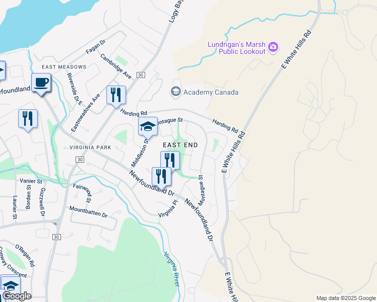 map of restaurants, bars, coffee shops, grocery stores, and more near 25 Drake Crescent in St. John's