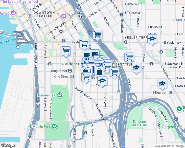 map of restaurants, bars, coffee shops, grocery stores, and more near 510 6th Avenue South in Seattle