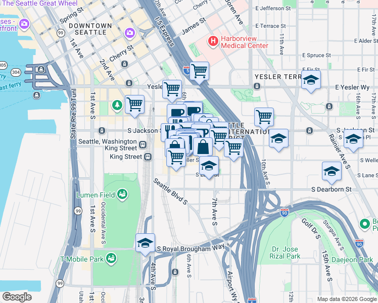 map of restaurants, bars, coffee shops, grocery stores, and more near 510 6th Avenue South in Seattle
