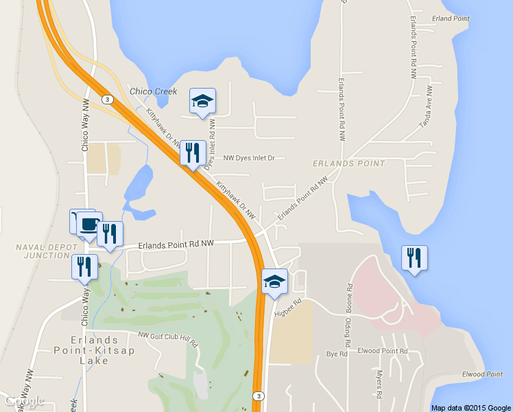 map of restaurants, bars, coffee shops, grocery stores, and more near 3620 Kittyhawk Dr NW in Bremerton