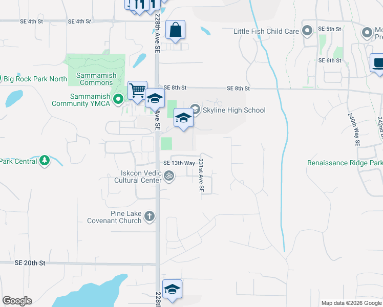 map of restaurants, bars, coffee shops, grocery stores, and more near 23006 Southeast 13th Place in Sammamish