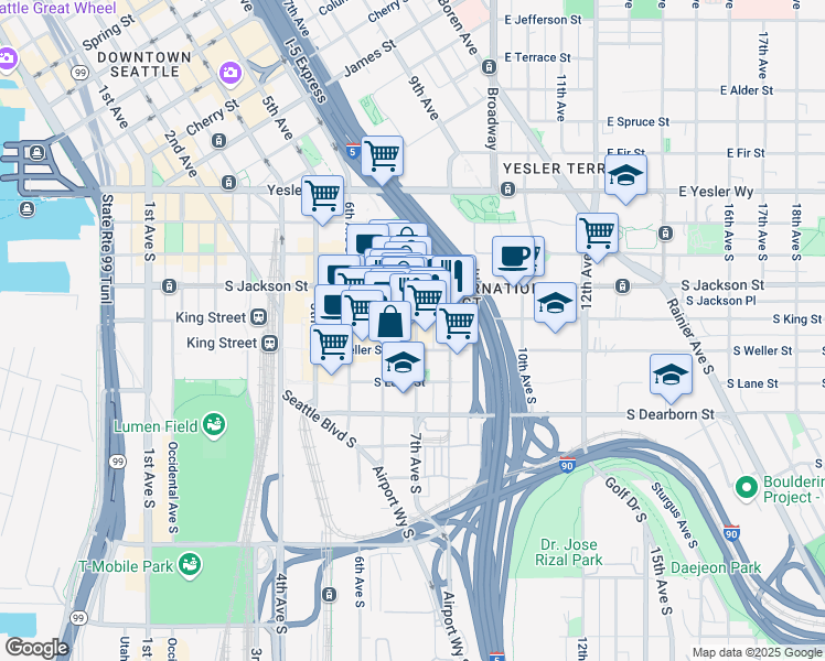 map of restaurants, bars, coffee shops, grocery stores, and more near 509 7th Ave S in Seattle