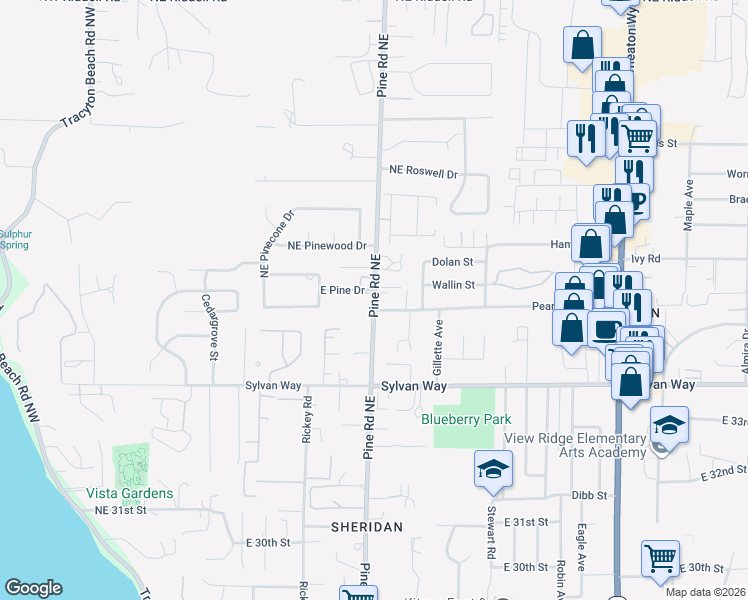 map of restaurants, bars, coffee shops, grocery stores, and more near 3602 Pine Road Northeast in Bremerton