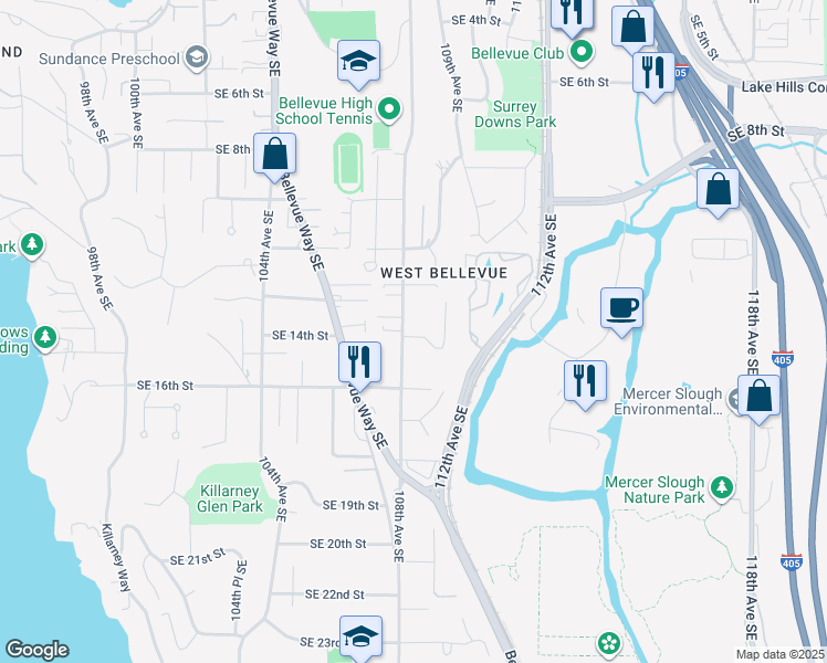 map of restaurants, bars, coffee shops, grocery stores, and more near 1240 108th Avenue Southeast in Bellevue