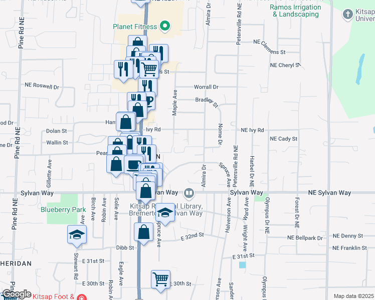 map of restaurants, bars, coffee shops, grocery stores, and more near 3511 Almira Drive in Bremerton