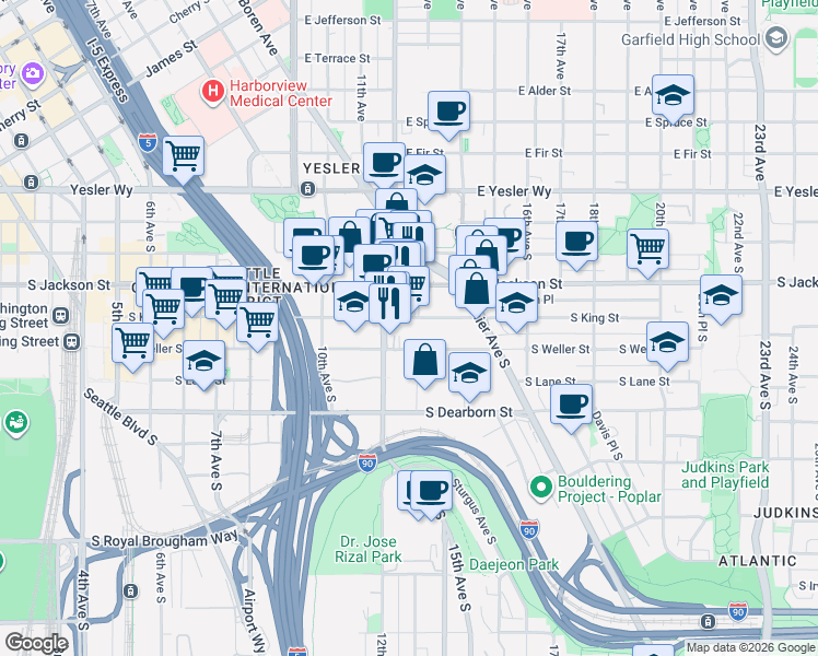 map of restaurants, bars, coffee shops, grocery stores, and more near 1221 South King Street in Seattle